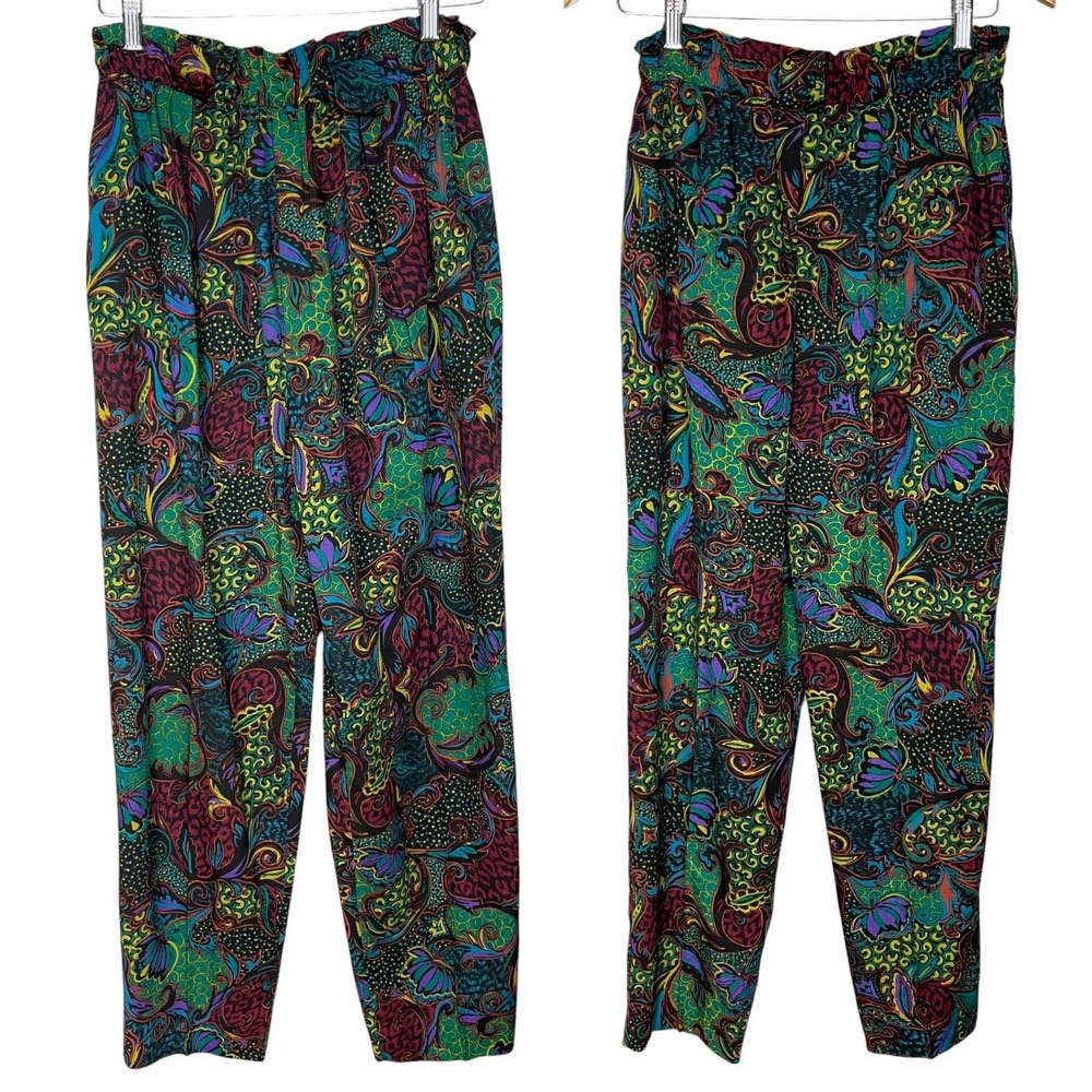 Vintage Patterned Pants Tapered Leg 90s Women Bold Print Elastic Waistband Funky